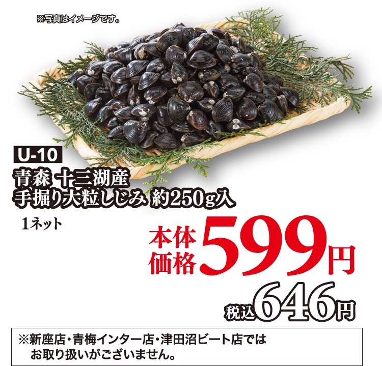 U-10 青森 十三湖産 手掘り大粒しじみ 約250ｇ入 1ネット 本体価格599円 税込646円 ※新座店・青梅インター店・津田沼ビート店ではお取り扱いがございません。