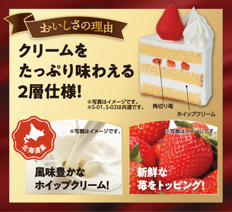 おいしさの理由 クリームには北海道産生クリーム入りホイップクリームを使用し、贅沢に苺を2層サンドした苺サンドケーキです。